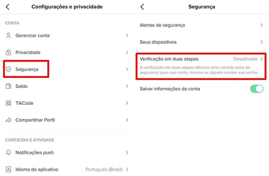 Ative a verificacao em dois passos tiktok