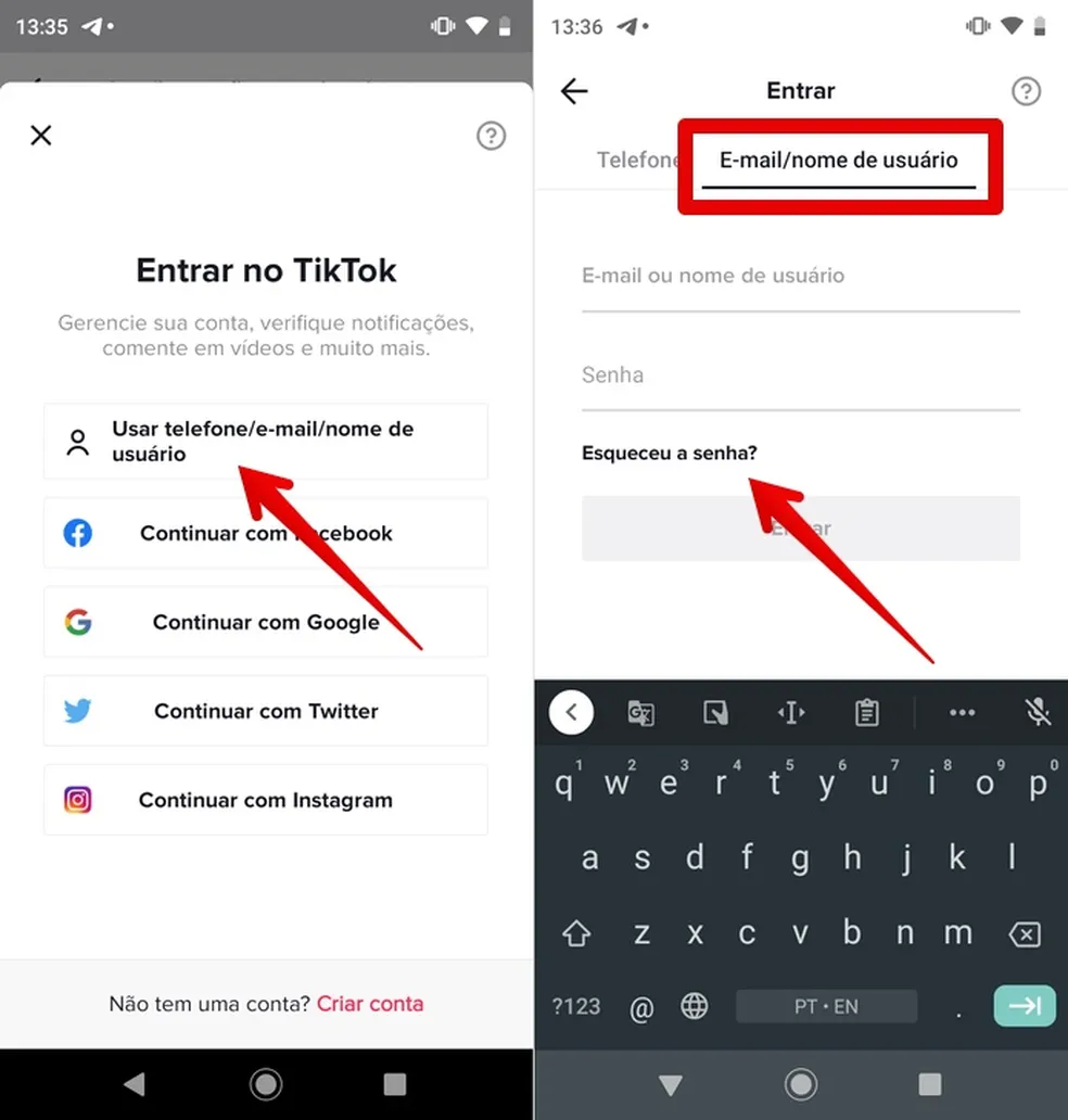 Recupere a conta TikTok
